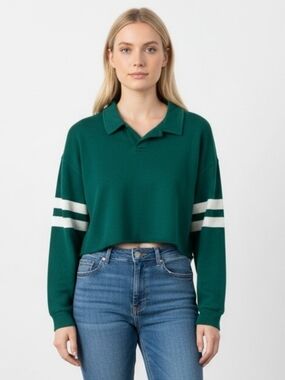 Forever 21 Green Cropped Polo Sweatshirt with White Stripes